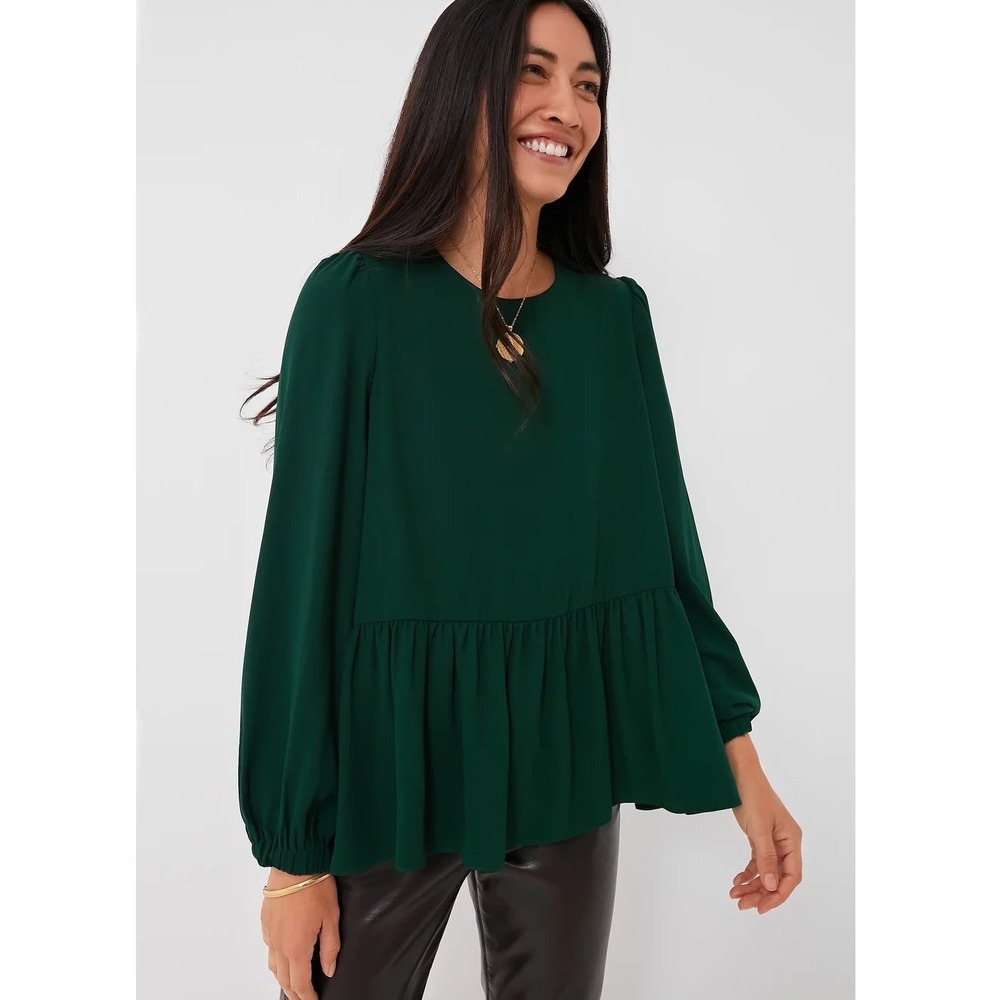 Pomander Place Carlota Top Peplum Green Long Sleeve Crew Neck size Large